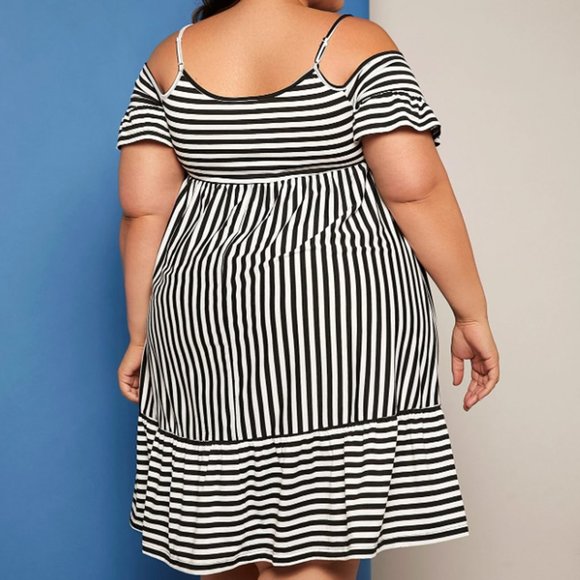 Plus Size 24/26 Shein Black & White Striped Ruffle Cold Shoulder Midi Dress - Picture 4 of 10